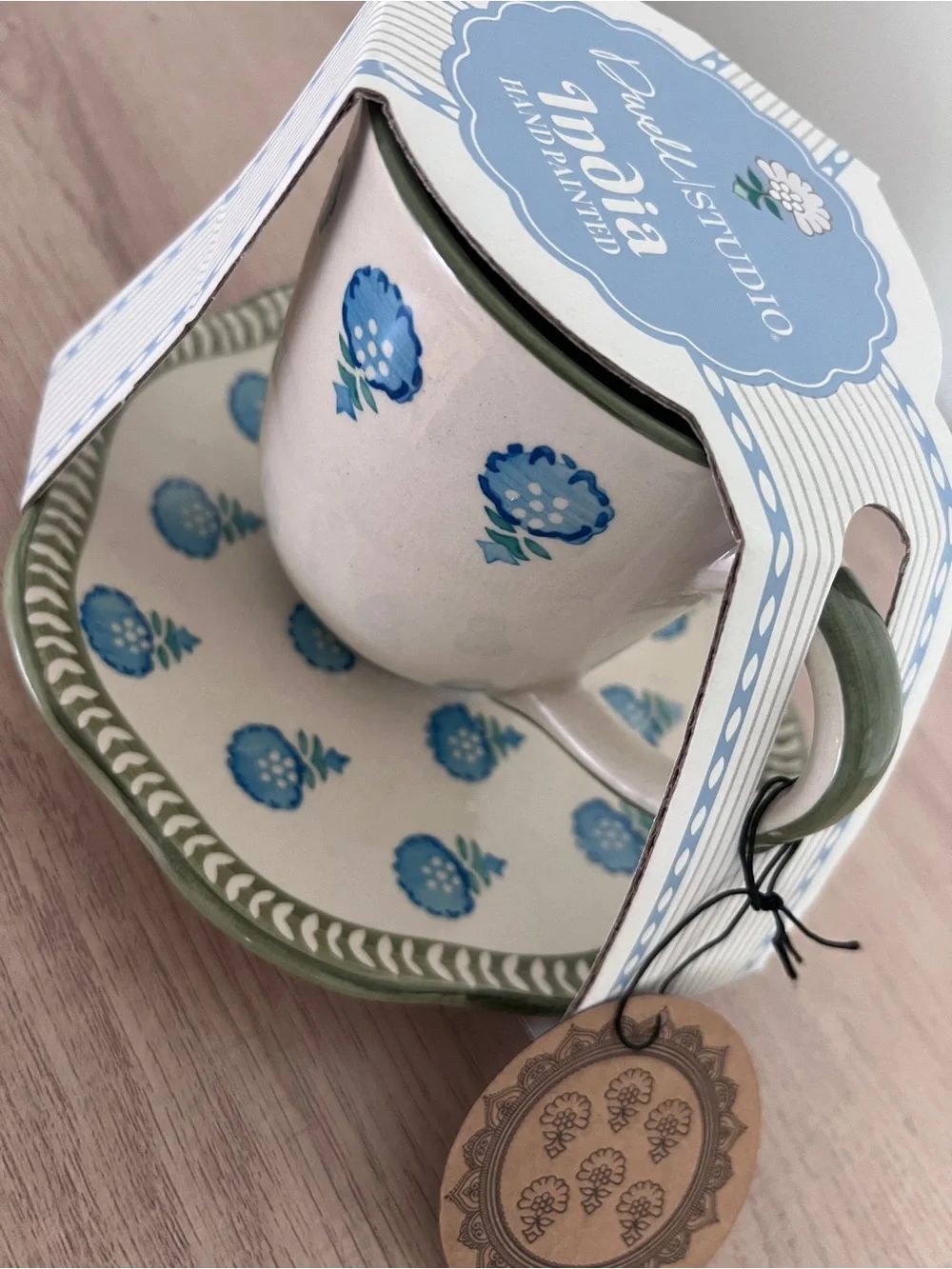 Dwell Studio India Hand Painted Coffee Mug Plate Set Floral Blue Ceramic NWT - Picture 4 of 9